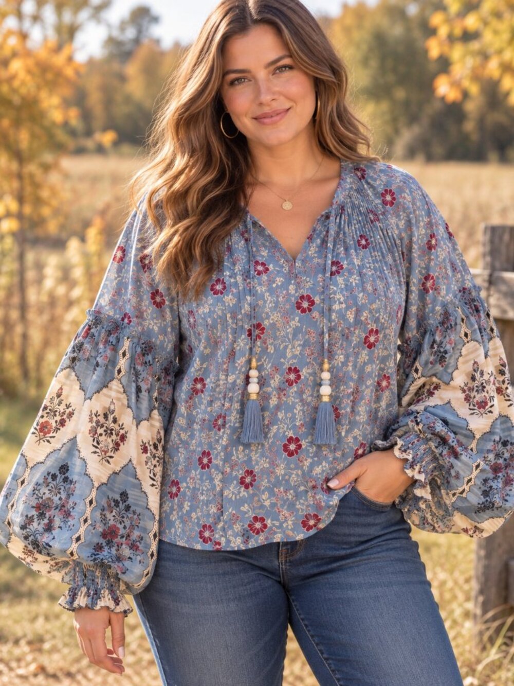 Frye and Co Floral Boho Bell Sleeve Blouse Blue Burgundy Plus Size XXL